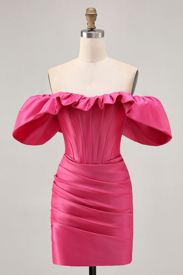 Satin Off The Shoulder Fuchsia Ruffled Tight Cocktail Dress
